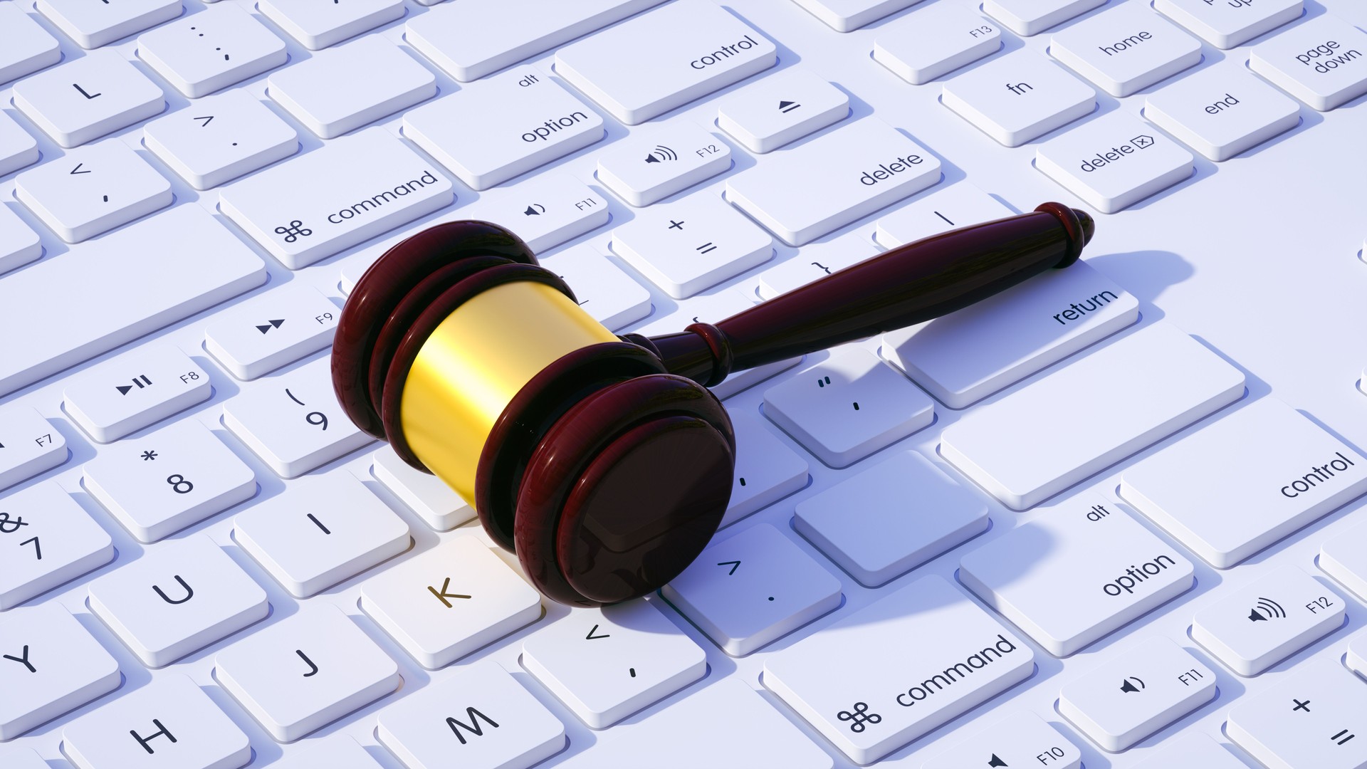 Computer keyboard, judge's gavel, legal technology, digital justice, close-up, dramatic lighting, contrasting colors, white and gold, wood texture, modern law concept, 3D render.